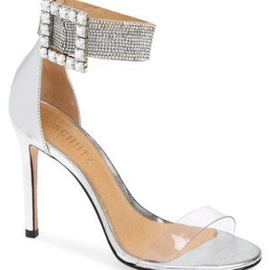 Schutz Silver Tanisha Crystal Ankle Strap Sandals